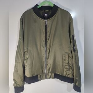 Women's Olive Green Bomber Jacket with Black Trim, Size 2xl